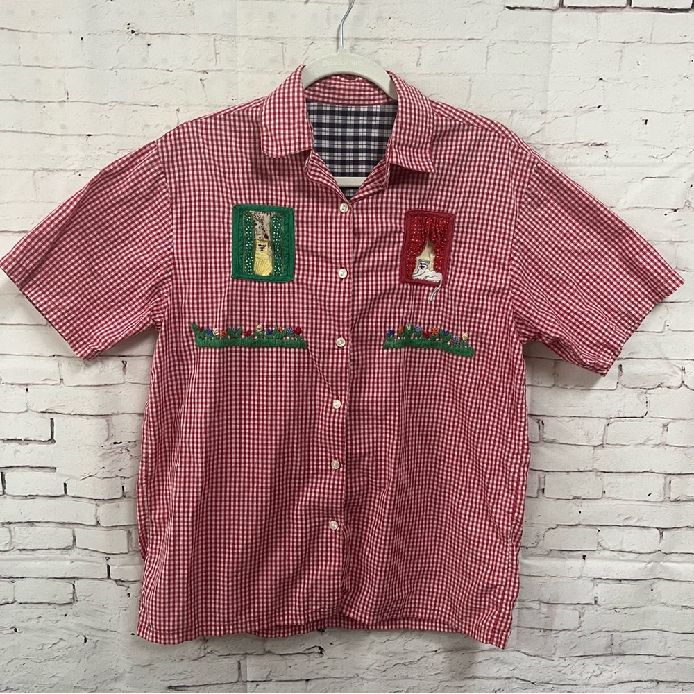 VTG 90s Casey Max Gingham Plaid Embroidered Cat Garden Shirt Red Windows Medium - Picture 9 of 9